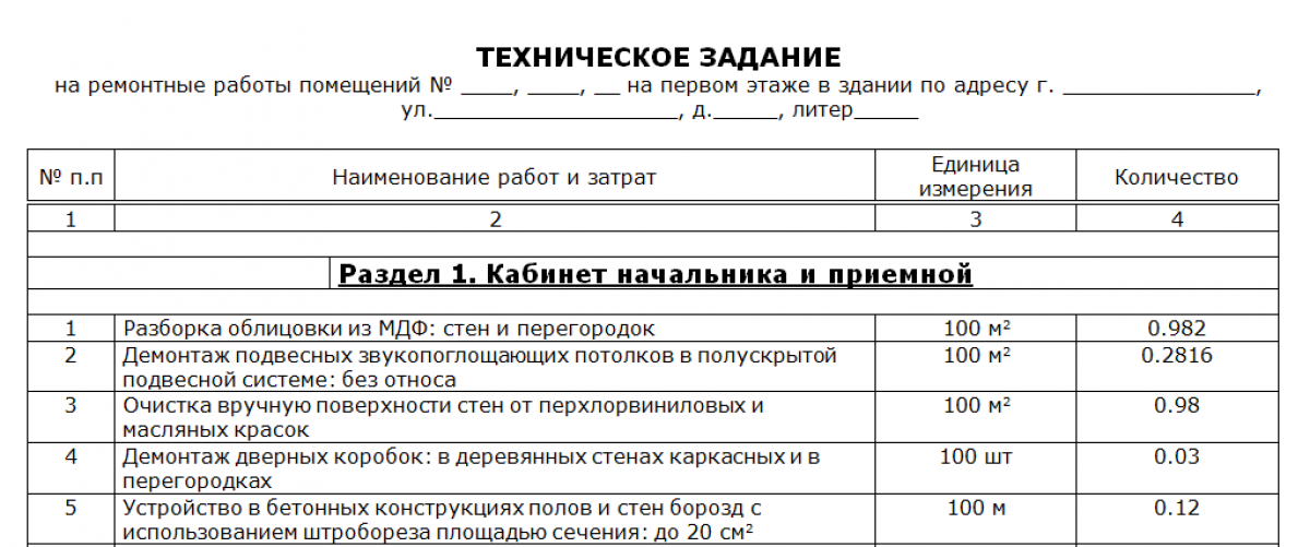 Тз на ремонт помещения образец